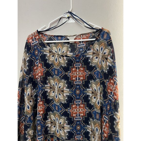 Ariat Blouse Top Womens XL Blue Geometric Aztec Sheer Poncho Cover Up chiffon - Picture 3 of 5